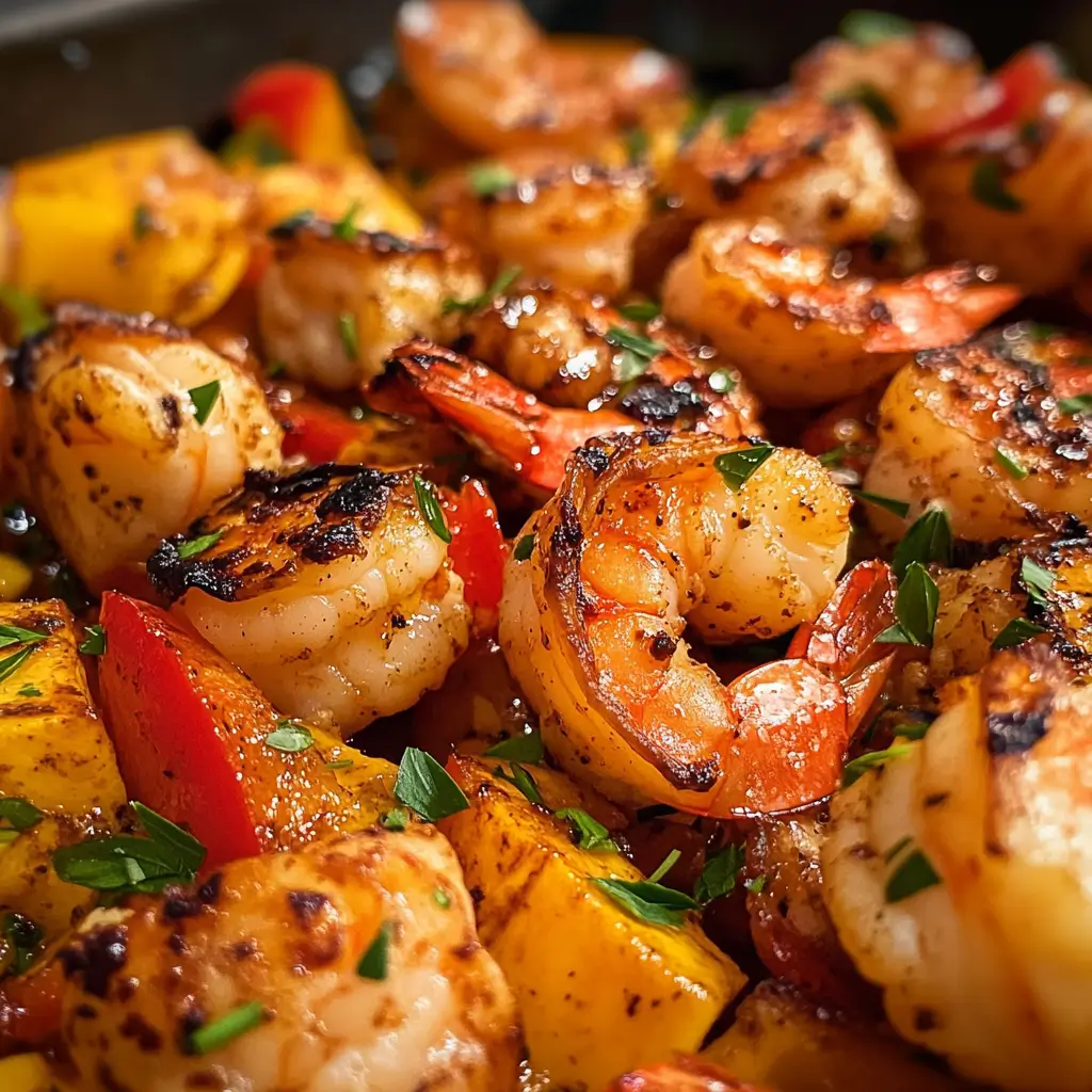 Close-up of a flavorful chicken and shrimp meal, perfectly seasoned and plated on a white dish