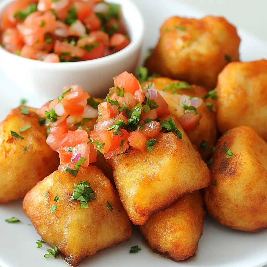 Close-up of fried Puerto Rican alcapurrias, garnished with fresh herbs and served with a side of pico de gallo.