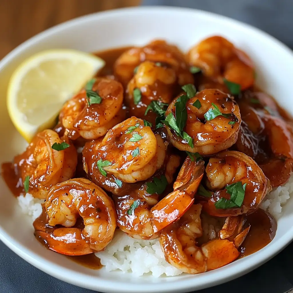 Juicy shrimp coated in a rich, flavorful barbecue sauce, presented in a white dish with a side of rice.