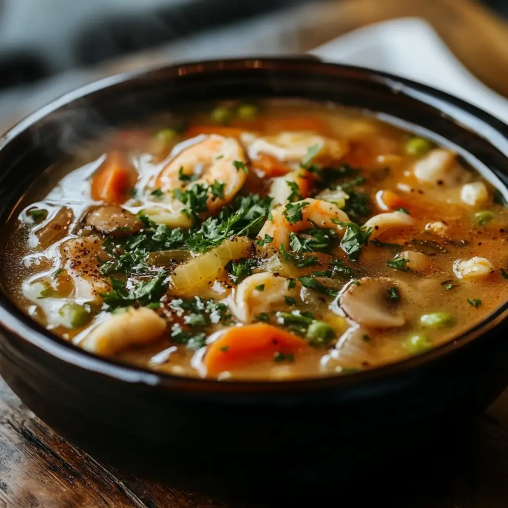 A steaming bowl of swamp soup filled with shrimp, vegetables, and fresh herbs in a dark ceramic bowl.