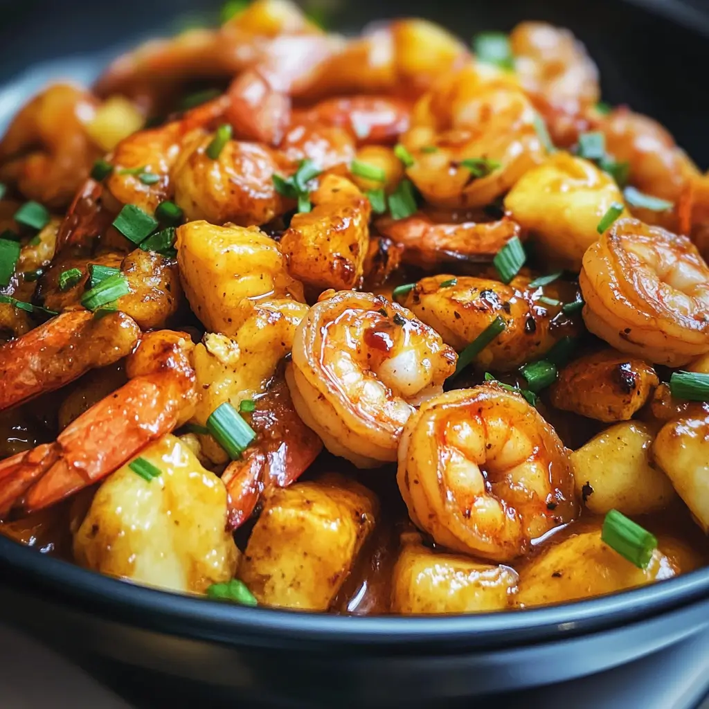 A plate of grilled shrimp and chicken served over seasoned rice with fresh herbs and vegetables