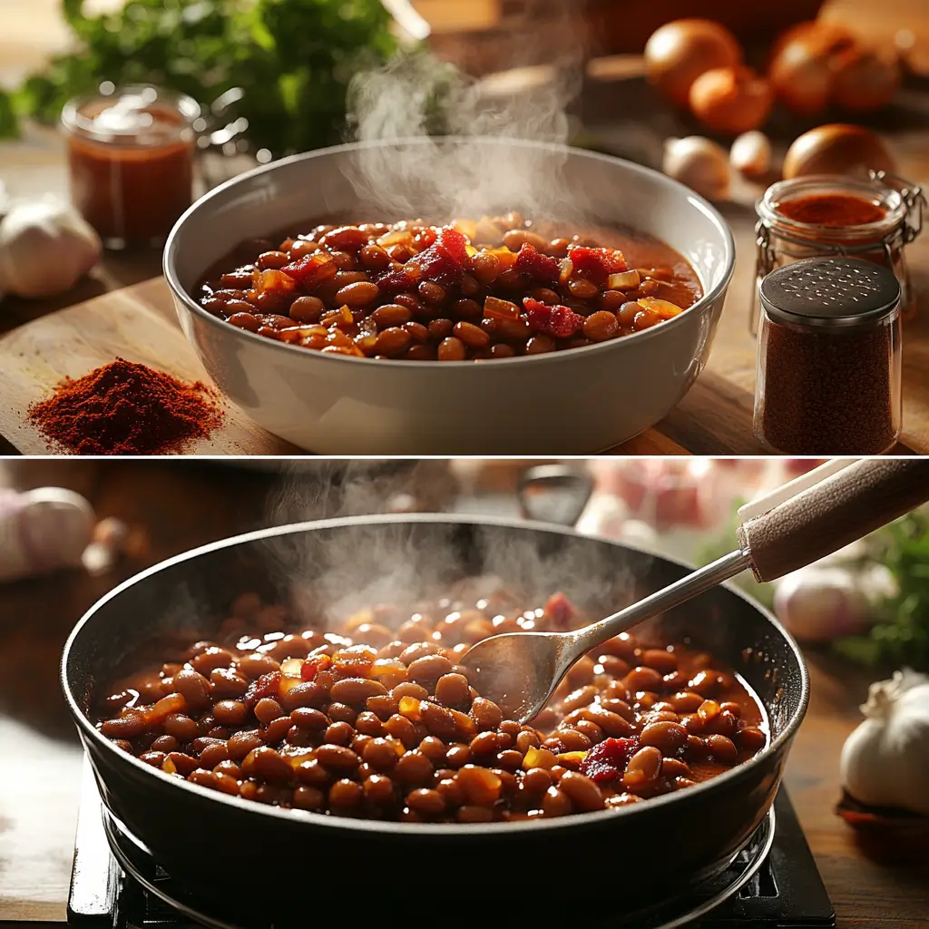 Slow-cooked calico beans in a rustic ceramic bowl, garnished with fresh parsley.