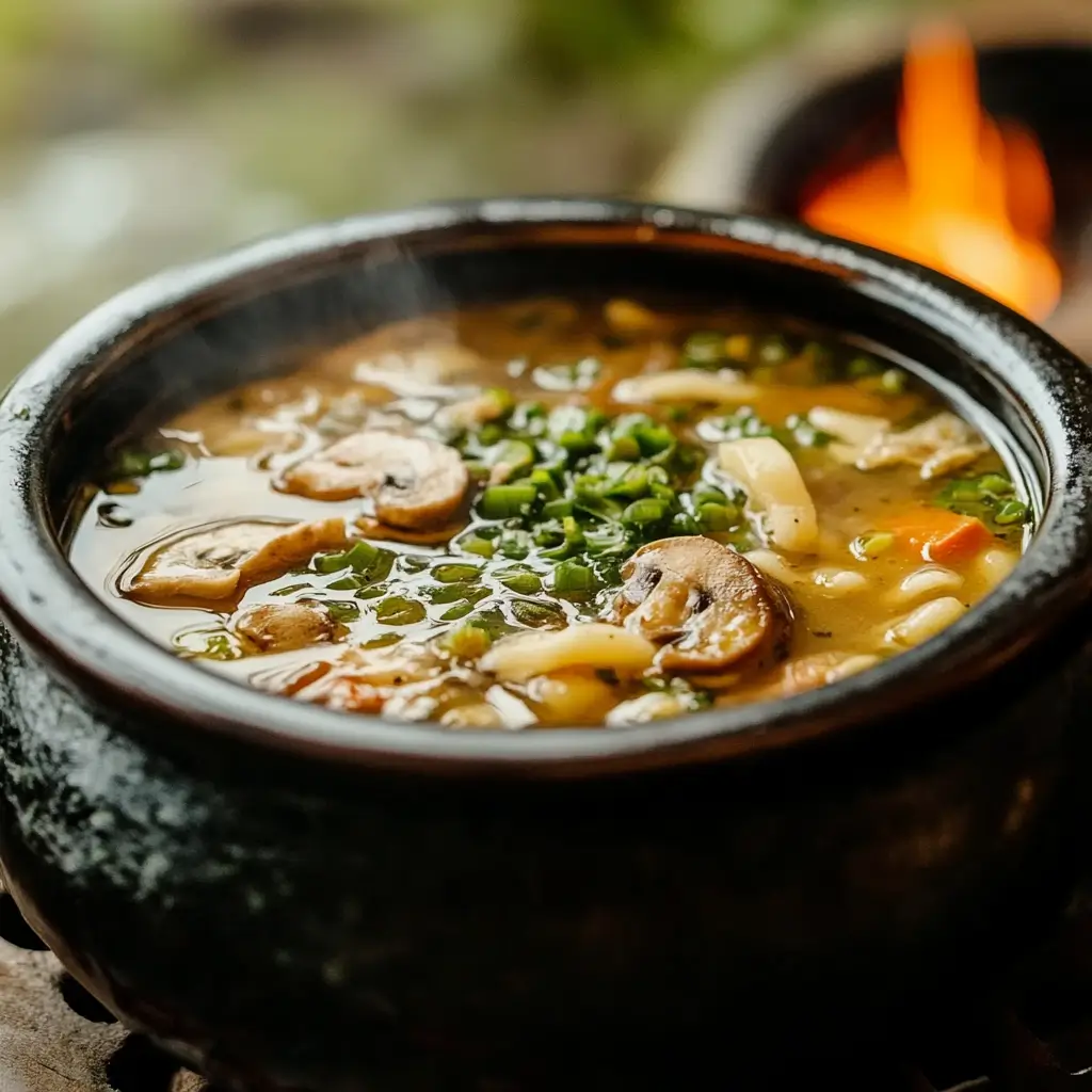 Rustic-style swamp soup featuring a savory broth with shrimp, pasta, and mixed vegetables, served in a black bowl.