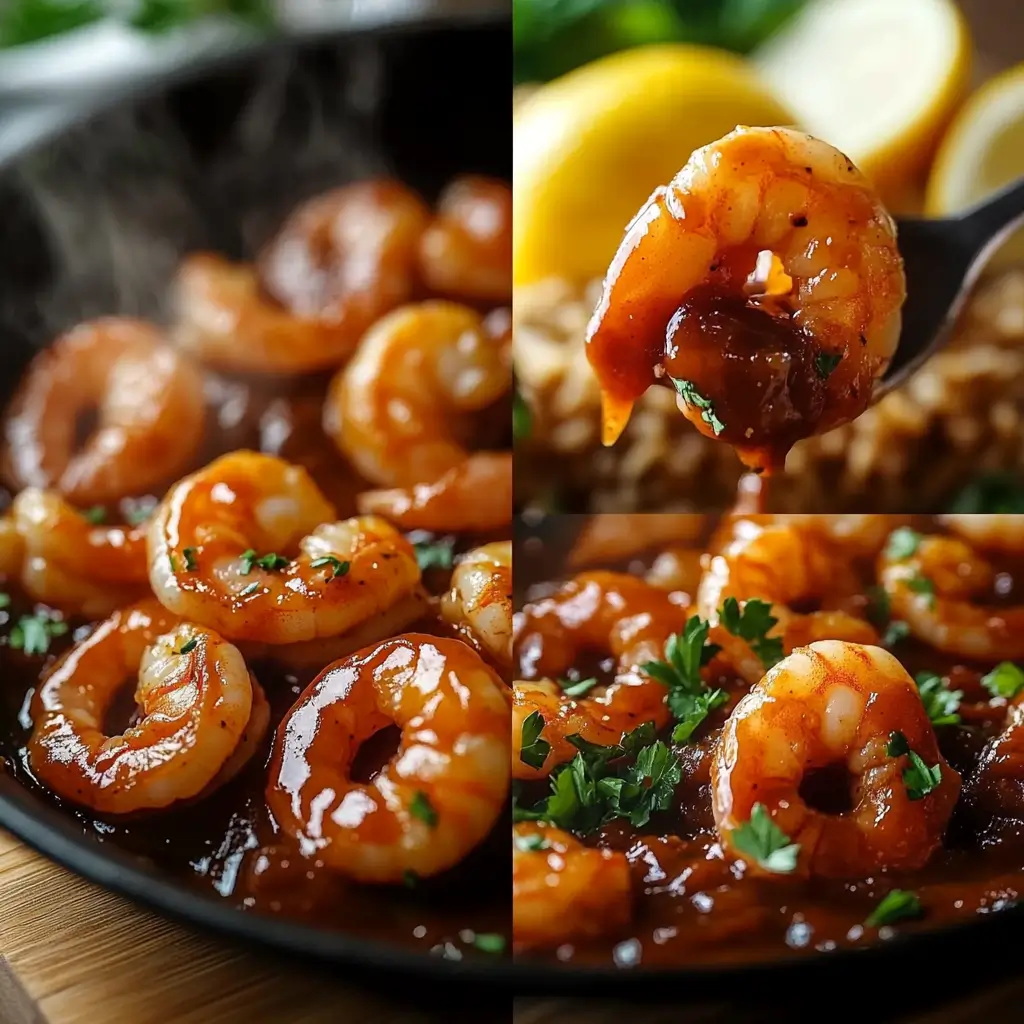 A step-by-step visual guide of New Orleans BBQ Shrimp cooking in a skillet, coated in a rich, flavorful sauce.