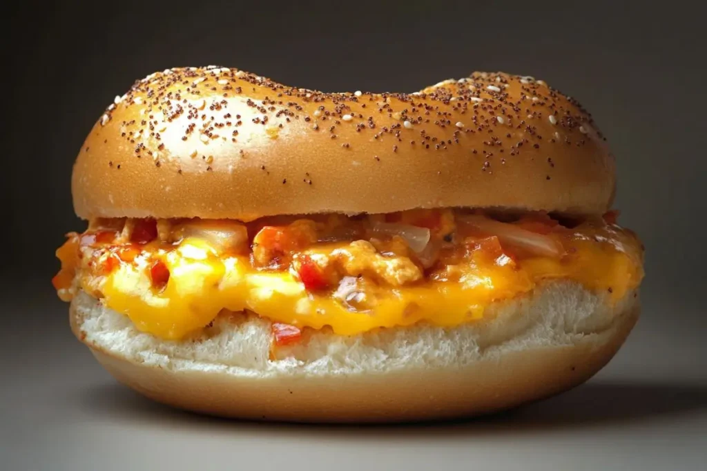 A close-up image of a bagel stuffed with scrambled eggs, avocado.