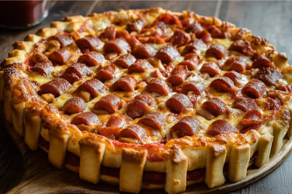 A freshly baked supreme pizza loaded with pepperoni, sausage, mushrooms, bell peppers, and melted cheese.