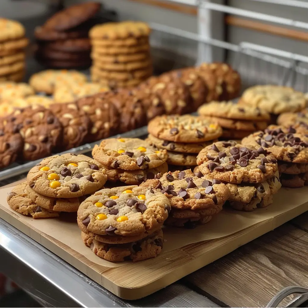 An assortment of freshly baked cookies with chocolate chips and candy toppings on a wooden board.