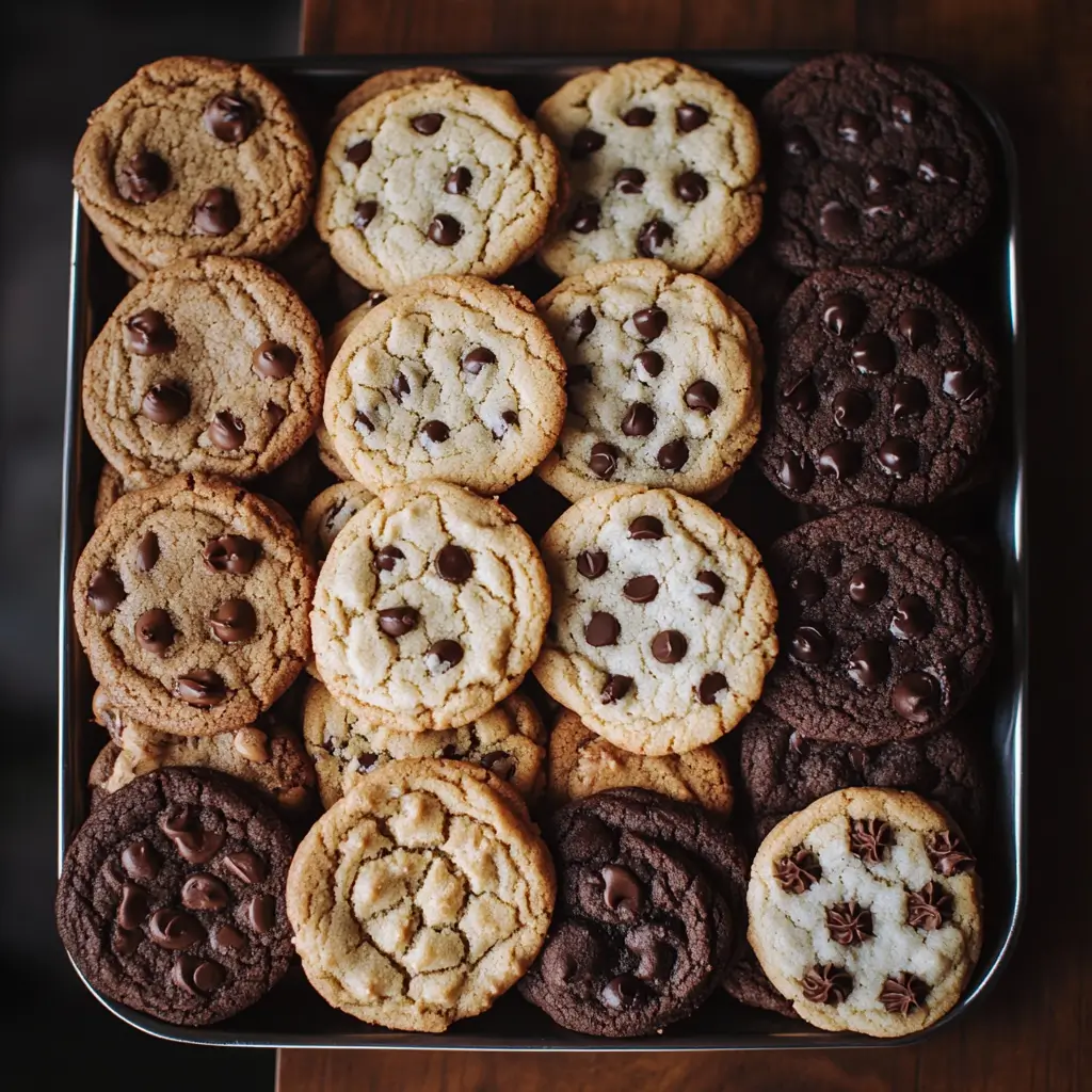 Golden brown chocolate chip cookies resting on a cooling rack after baking.