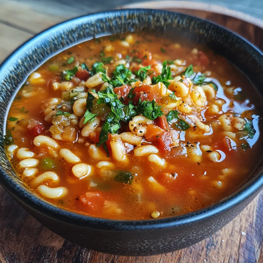 Close-up of a comforting pastina dish with small pasta, diced tomatoes, and fresh parsley.