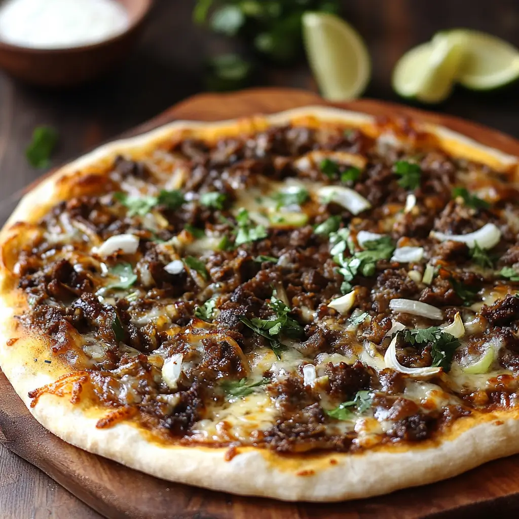 Birria pizza served with a side of consommé for dipping.