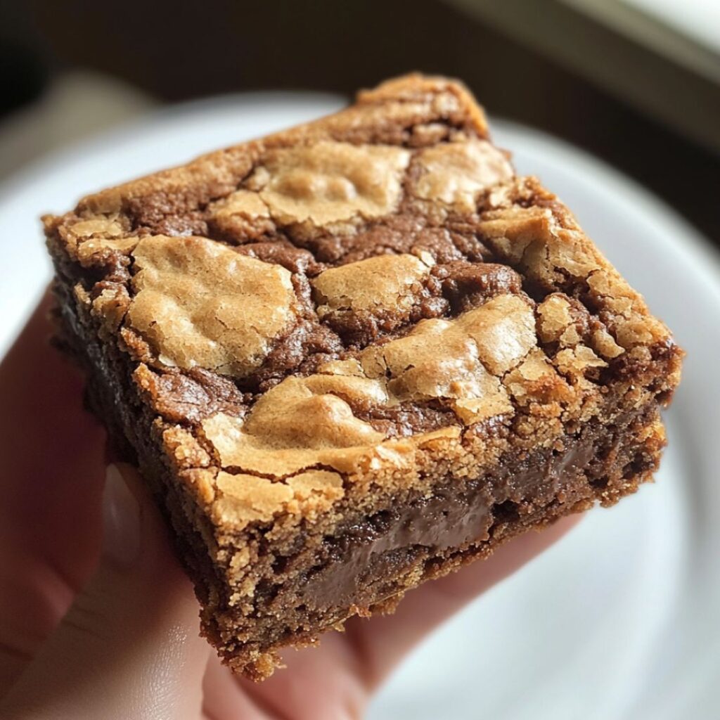 A decadent brookie dessert featuring layers of chewy chocolate chip cookie and fudgy brownie