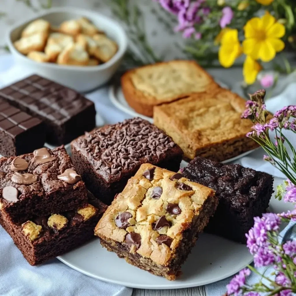 A table spread featuring three types of brookies: gluten-free brookie dusted with powdered sugar, vegan brookie topped with fresh berries and cacao nibs, and brownie mix shortcut brookie with a golden crackly top.