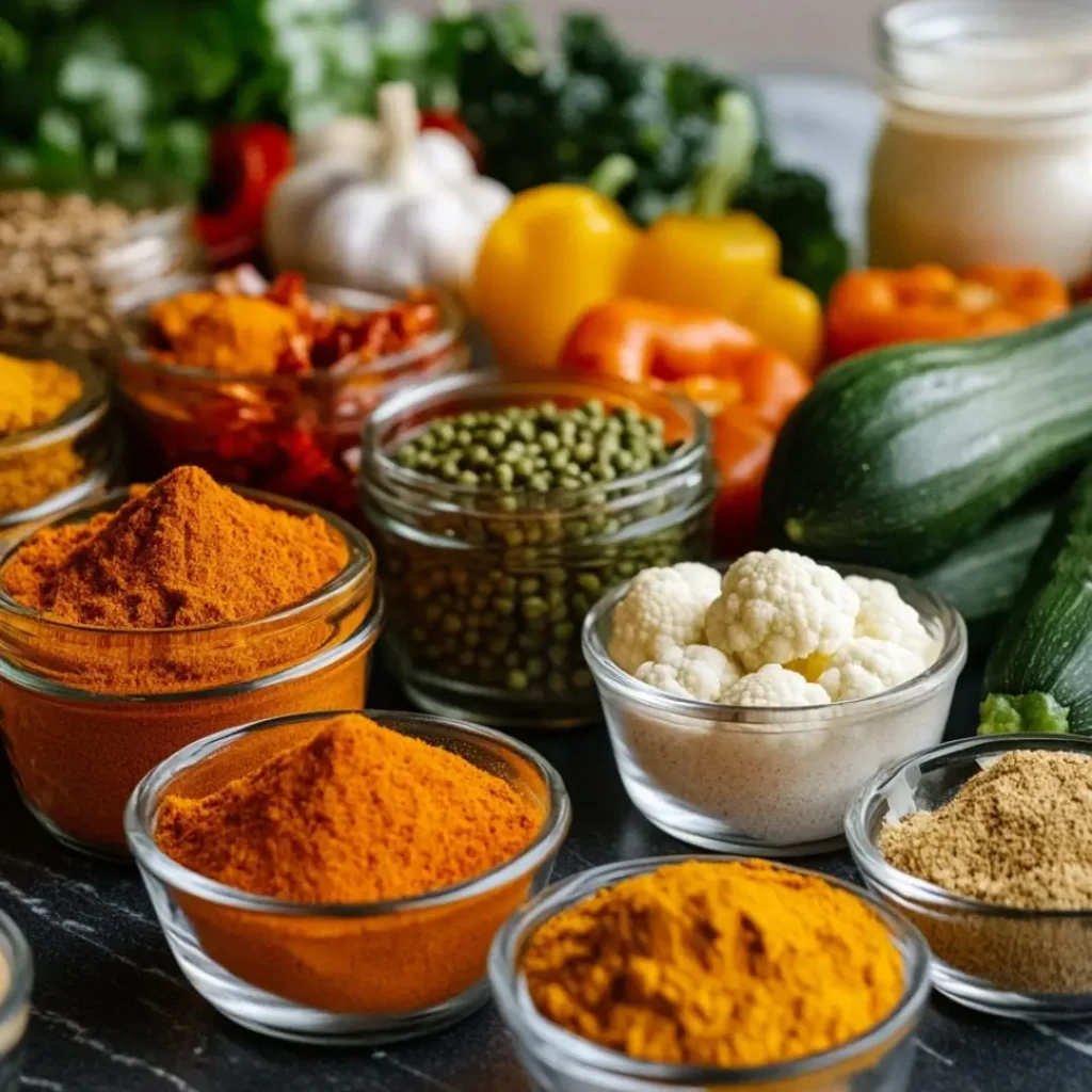 Colorful vegetables and vibrant spices like smoked paprika, cayenne pepper, and garam masala arranged in a kitchen, showcasing global spice blends for spicy dishes.