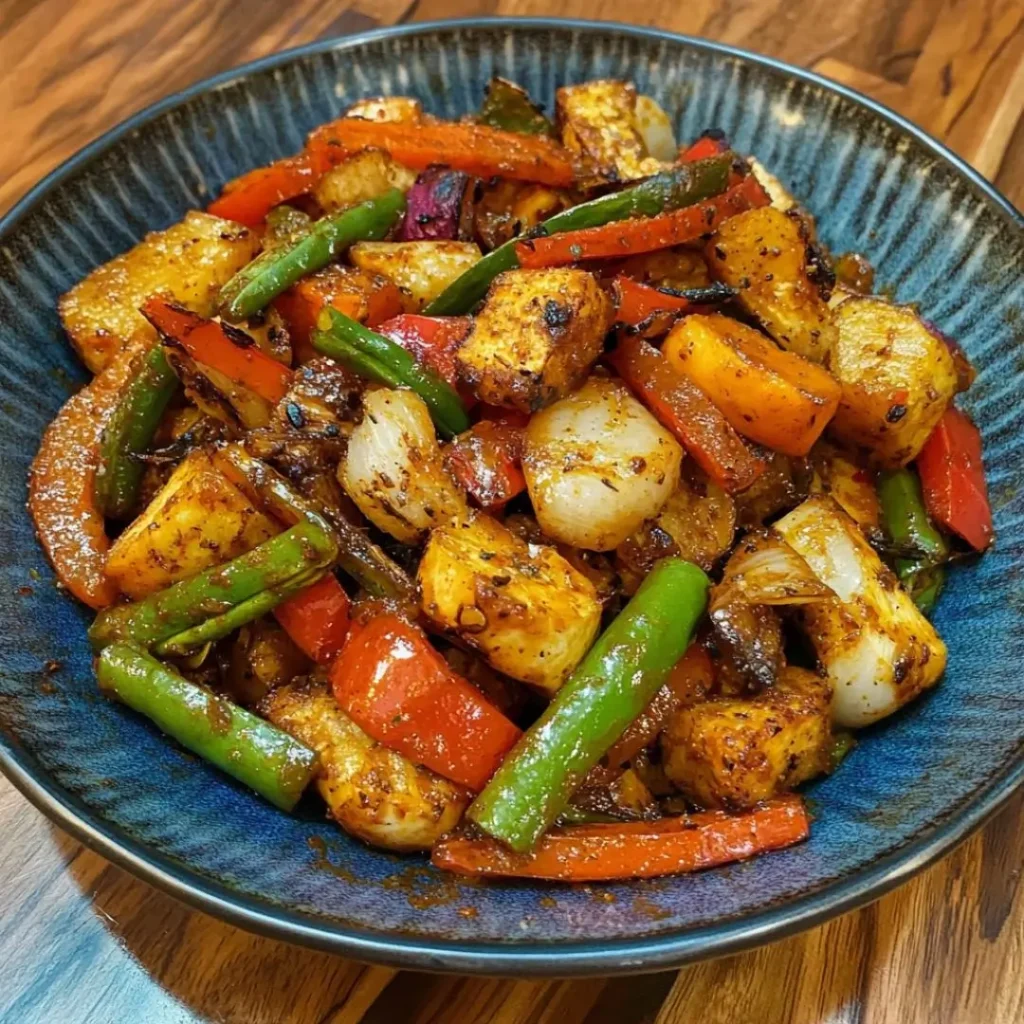 A homemade photo of spicy vegetables with suggested pairings, taken with an iPhone. The scene shows a rustic, real-life presentation.