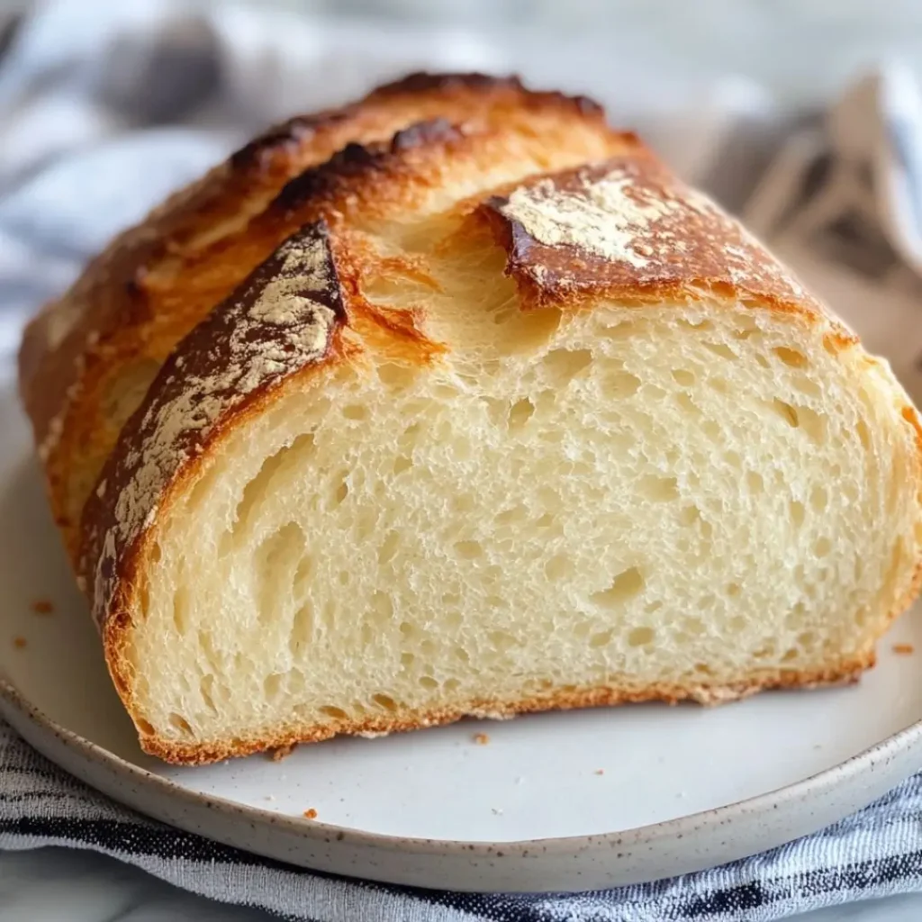 A freshly baked sourdough sandwich bread with a golden crust, sliced to reveal its soft, airy interior. Placed on a rustic wooden board with a bread knife and flour-dusted surface.