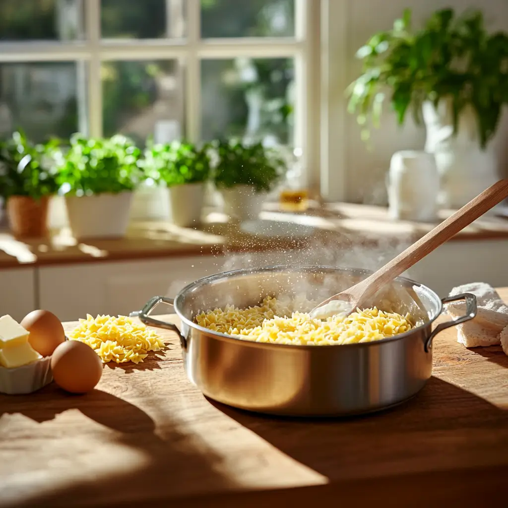 A bowl of homemade pastina soup with a tomato-based broth, tiny pasta, and fresh herbs.