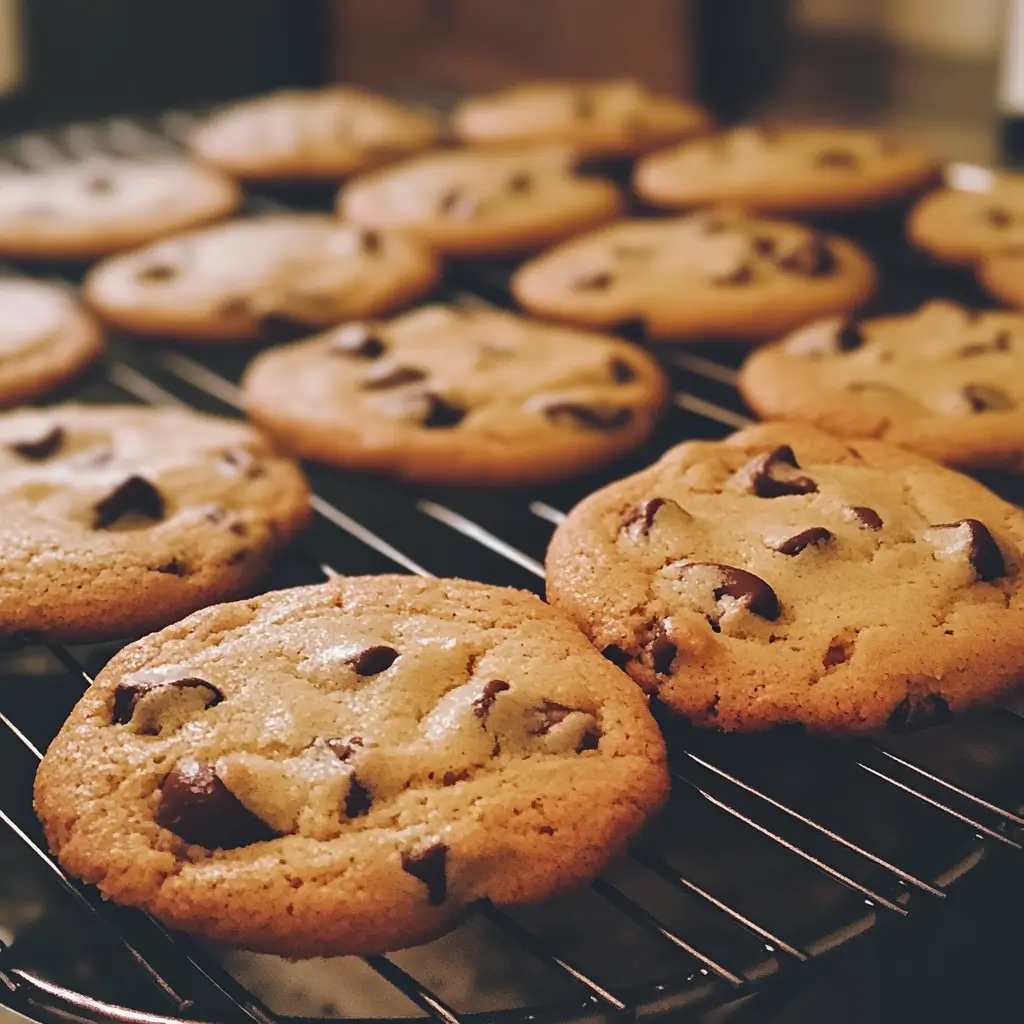 Close-up of warm chocolate chip cookies with melted chocolate chips on a wire rack.