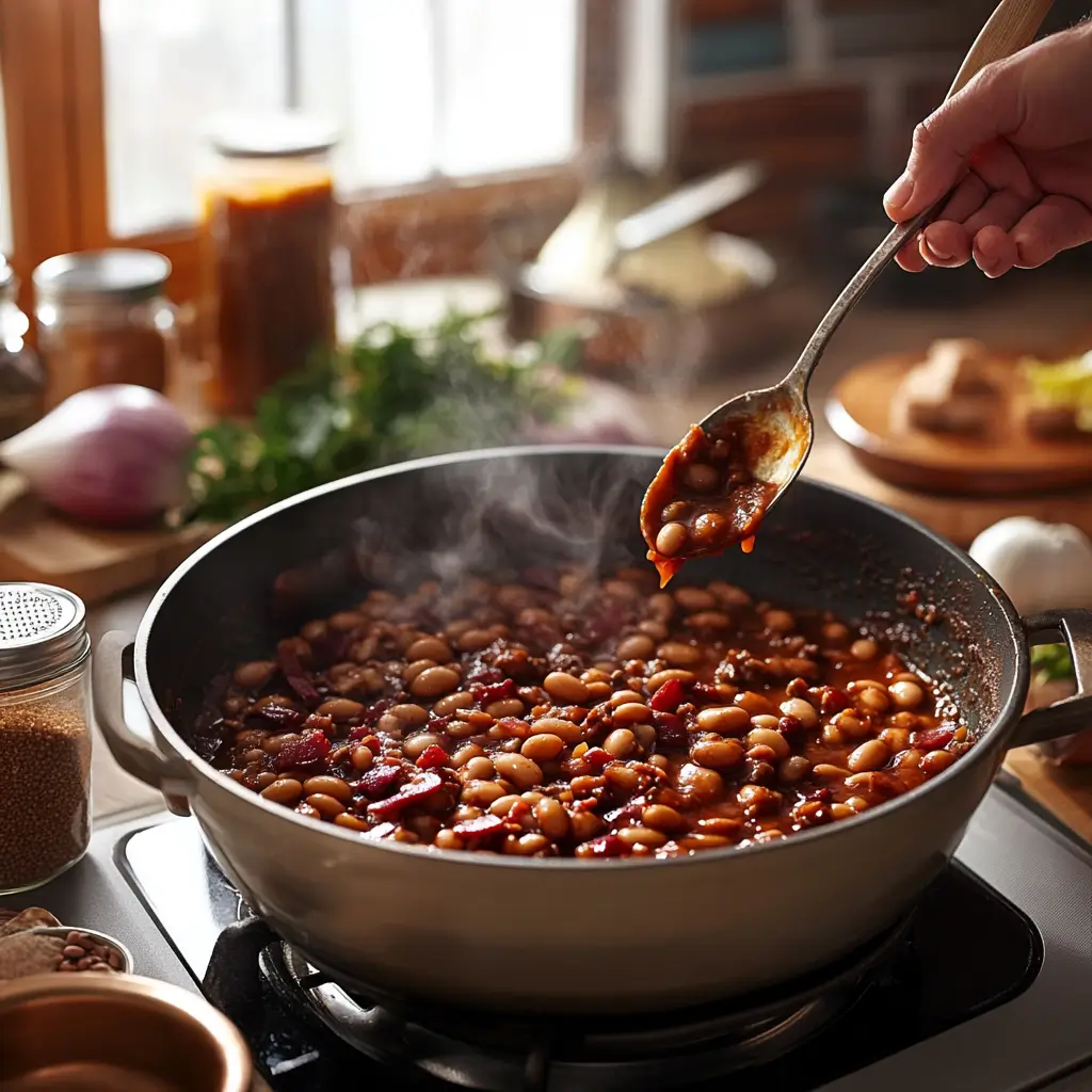 A steaming bowl of homemade calico beans with ground beef, bacon, and a rich sauce.