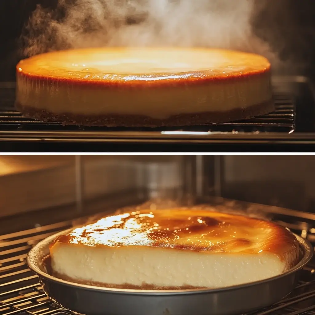 Cheesecake baking in the oven with steam rising, using an alternative method to a traditional water bath. A second image shows a cheesecake with a golden top inside the oven.