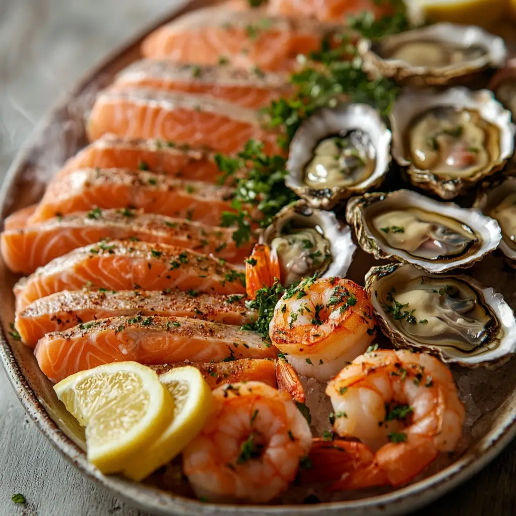 A beautifully arranged smoked seafood platter featuring sliced smoked salmon, grilled shrimp, and fresh oysters on the half shell, garnished with chopped herbs and lemon wedges.