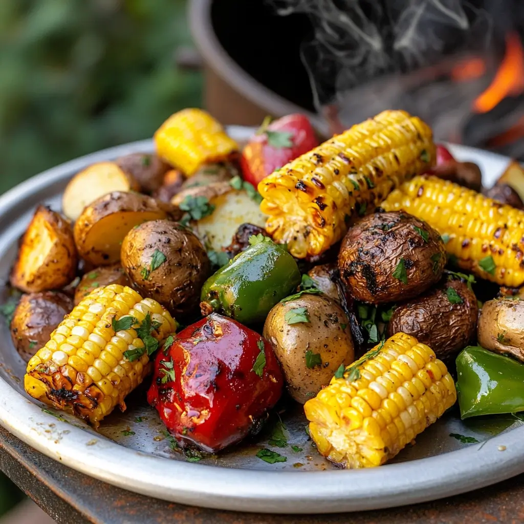 A rustic smoked vegetable platter featuring grilled corn on the cob, roasted peppers, golden baby potatoes, and smoky mushrooms, garnished with fresh herbs and served on a metal plate with smoke rising in the background.