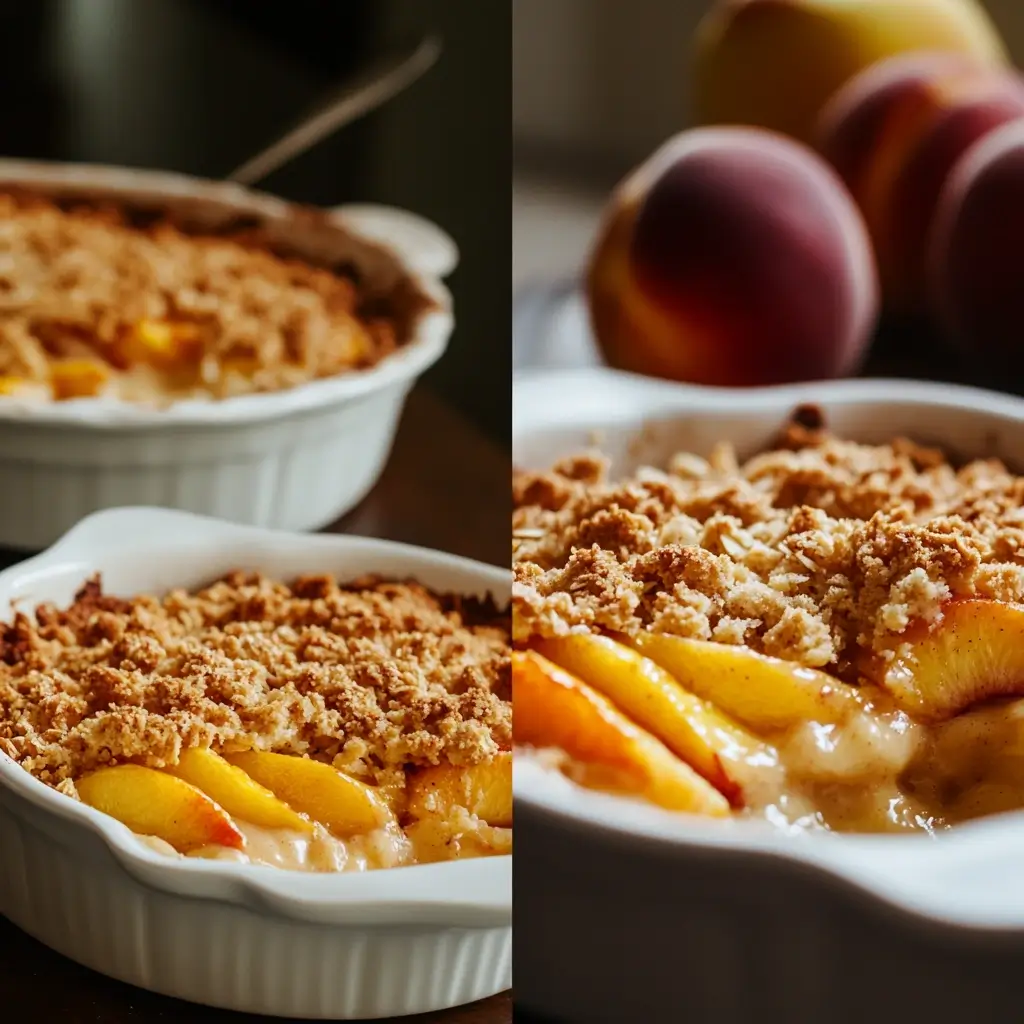 A side-by-side comparison of peach crumble and peach crisp in white baking dishes, showcasing the difference in their toppings and textures.