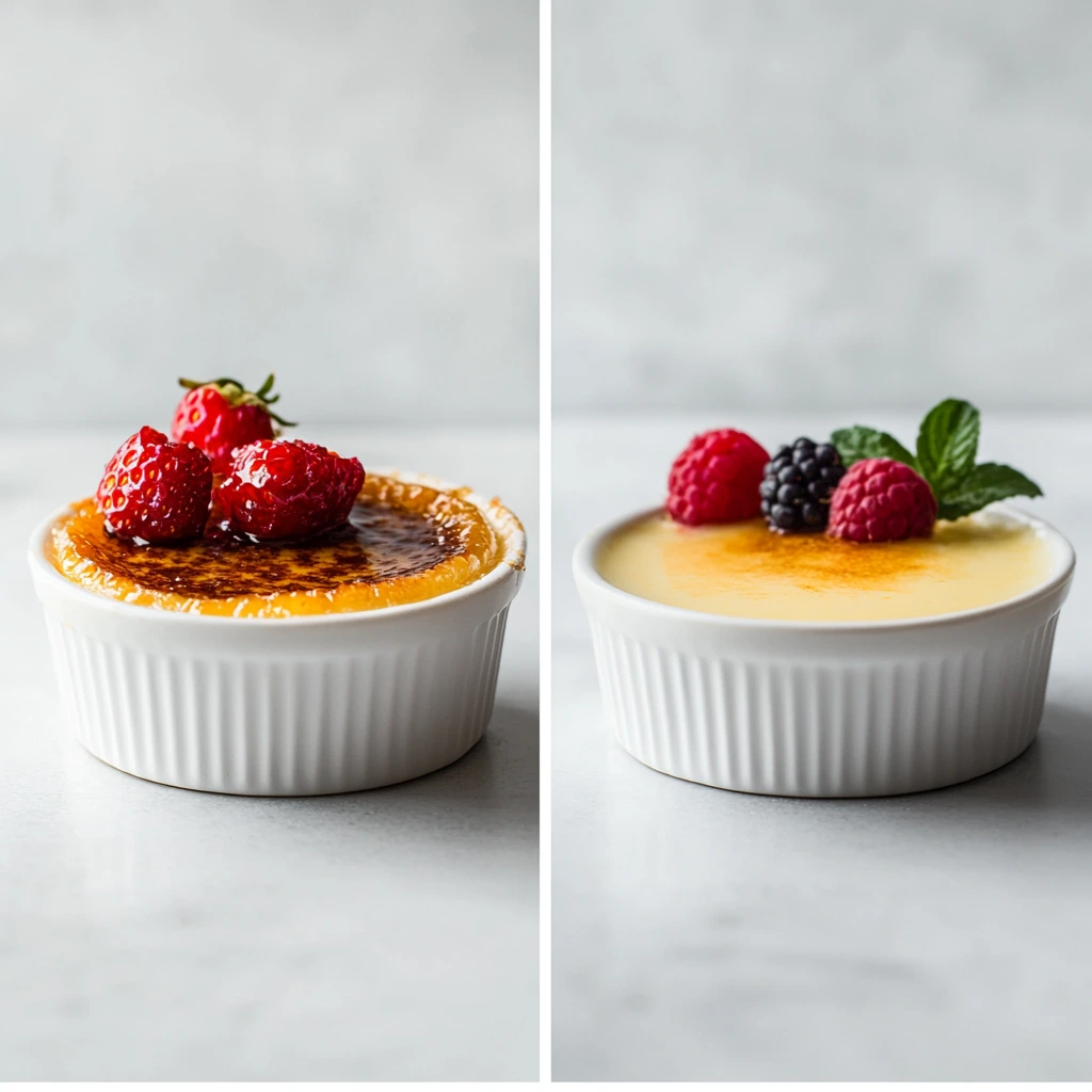 Side-by-side comparison of crème brûlée and custard in white ramekins, garnished with fresh berries and mint.