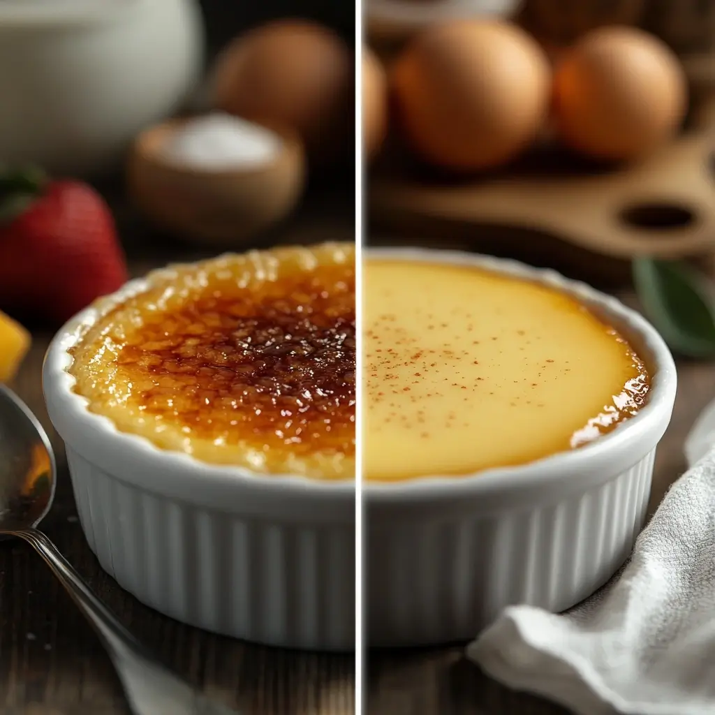 A side-by-side comparison of crème brûlée and custard in white ramekins, showcasing differences in texture, toppings, and nutritional content.