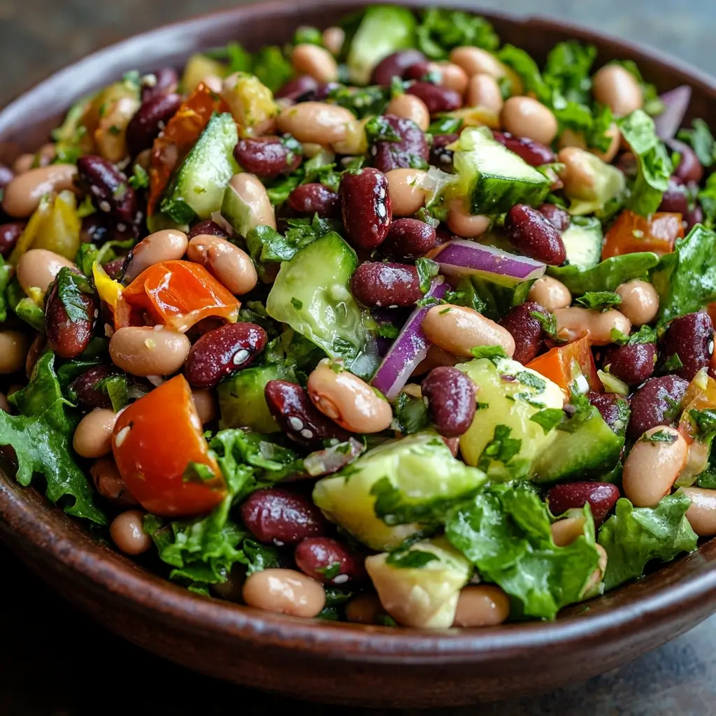 A vibrant and nutritious bean salad with kidney beans, white beans, cherry tomatoes, cucumbers, red onions, and fresh greens, garnished with herbs and a light dressing.