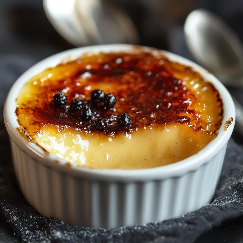 A close-up of crème brûlée in a white ramekin, featuring a caramelized sugar crust and garnished with berries.