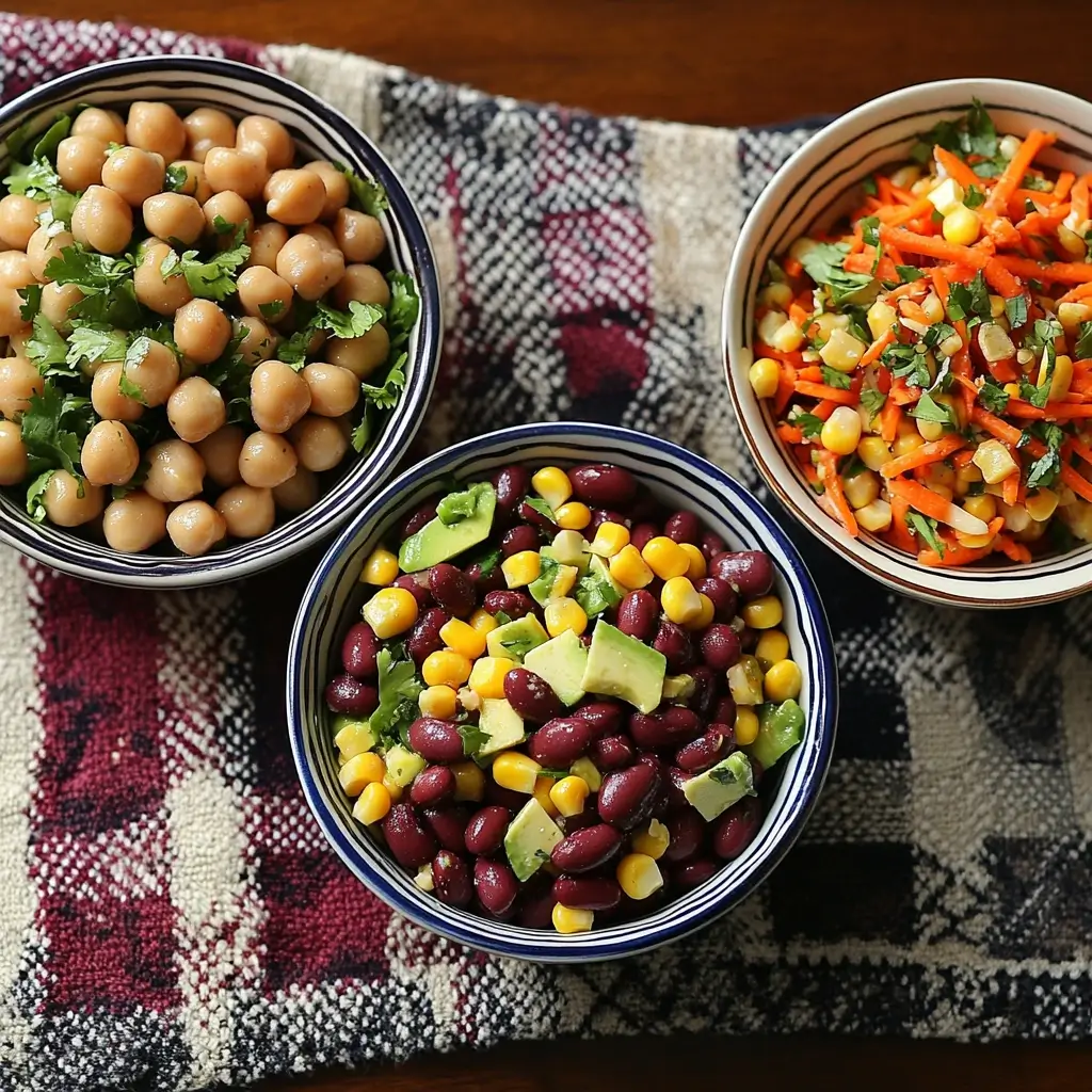 Three distinct bean salads in small bowls, featuring chickpeas with cilantro, a kidney bean and corn salad with avocado, and a carrot and corn salad with fresh herbs, all presented on a rustic woven cloth.